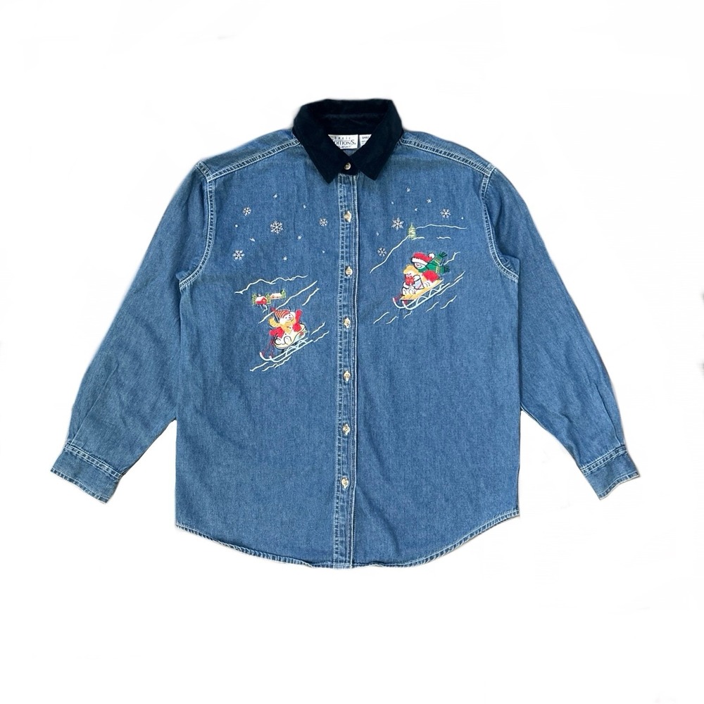 Basic Editions Holiday Denim Shirt Women's S Snowman Embroidered Velvet Collar